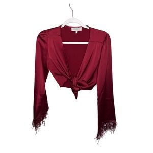 WAYF‎ Red Crop Top Tie Front Feather Cuff Long Sleeve Blouse XS
